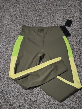 Olive Green Leggings with Neon Yellow Side Stripes